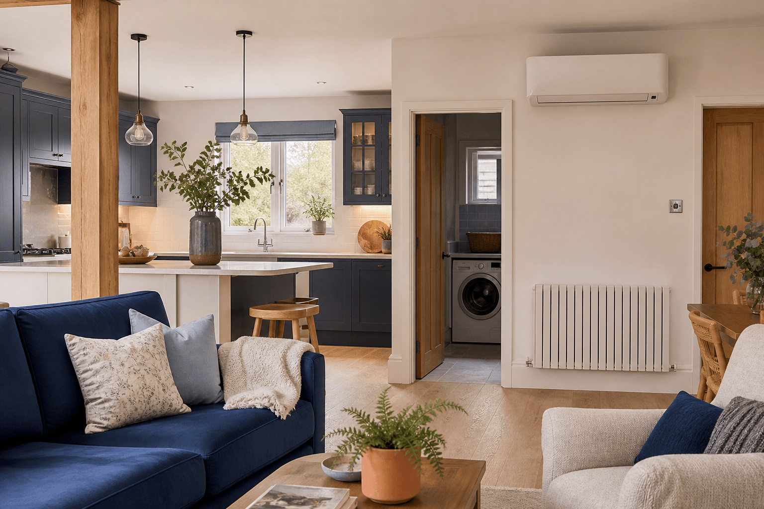 Comfortable modern home with air conditioning, radiator heating and fitted kitchen plumbing